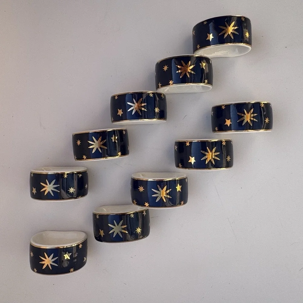 VTG 90s Sakura Napkin Rings Celestial Stars (10) Porcelain 14K Gold Night Sky